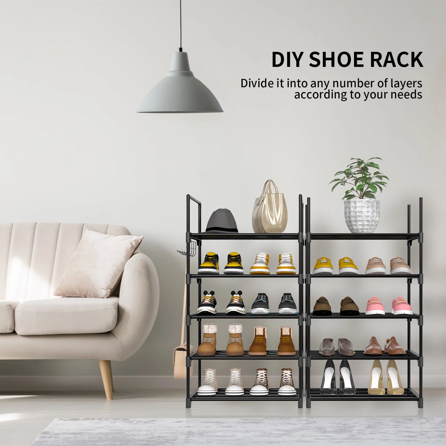 Shoe Rack,10-Tier Metal Shoe Storage Organiser, Metal Frame, Space-Saving Rack,for Room, Hallway STORAGE SHELVES STAND WITH HOOK