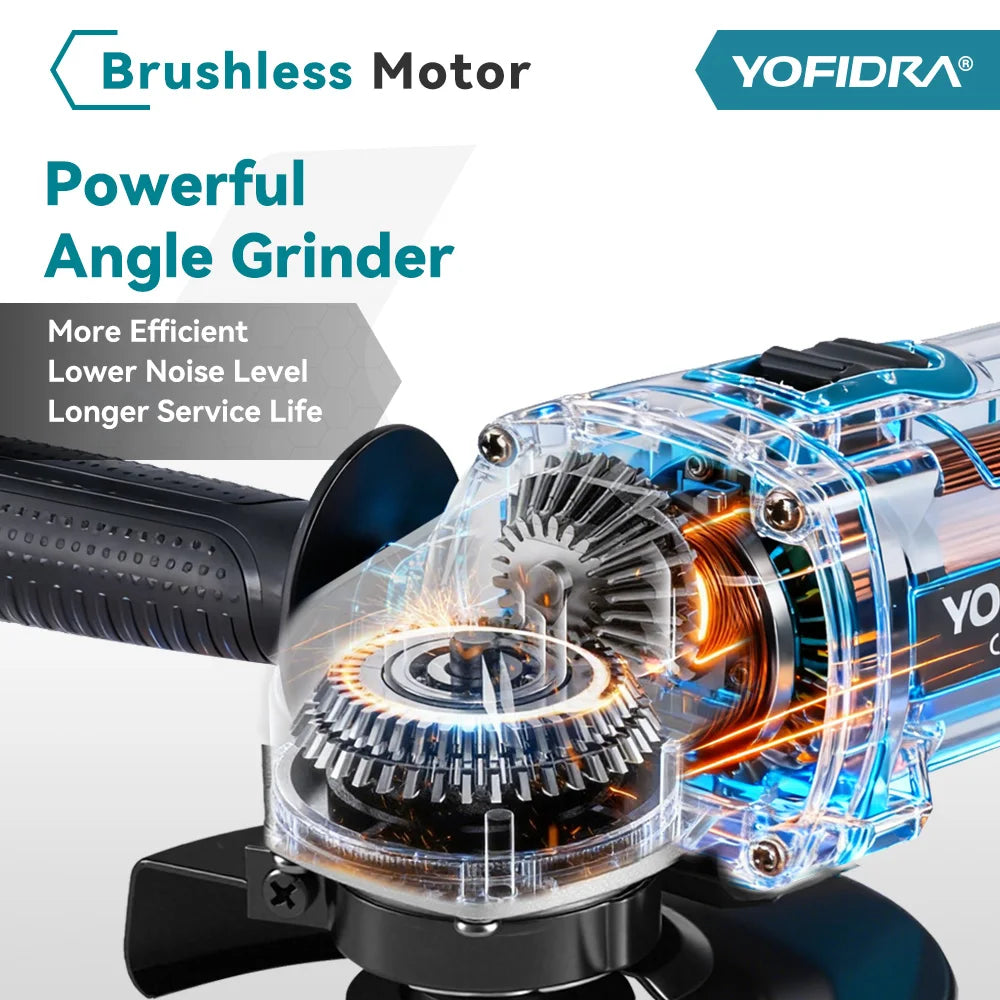 Yofidra 125mm Brushless Angle Grinder 4 Gears Cordless Grinding Machine Cutting Woodworking For Makita 18V-21V Battery Pin