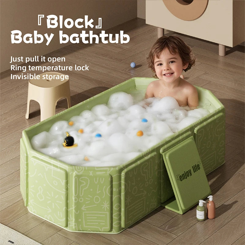 1PC green and white children's portable thick folding bathtub, suitable for travel
