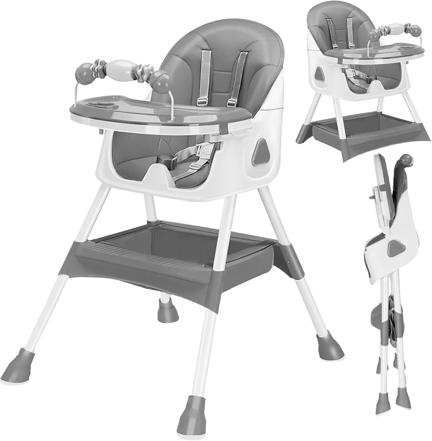 3-in-1 Baby HighChair, Foldable Portable Baby Dining Chairs Eat & Play Convertible High Chair with Double-Layer Dinner Plate