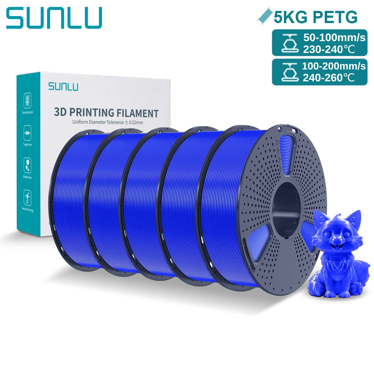 SUNLU PETG 3D Printer Filament 5KG Neatly Wound Good Toughness 1.75mm 3D Filament with Reusable Spool for Most FDM Printer