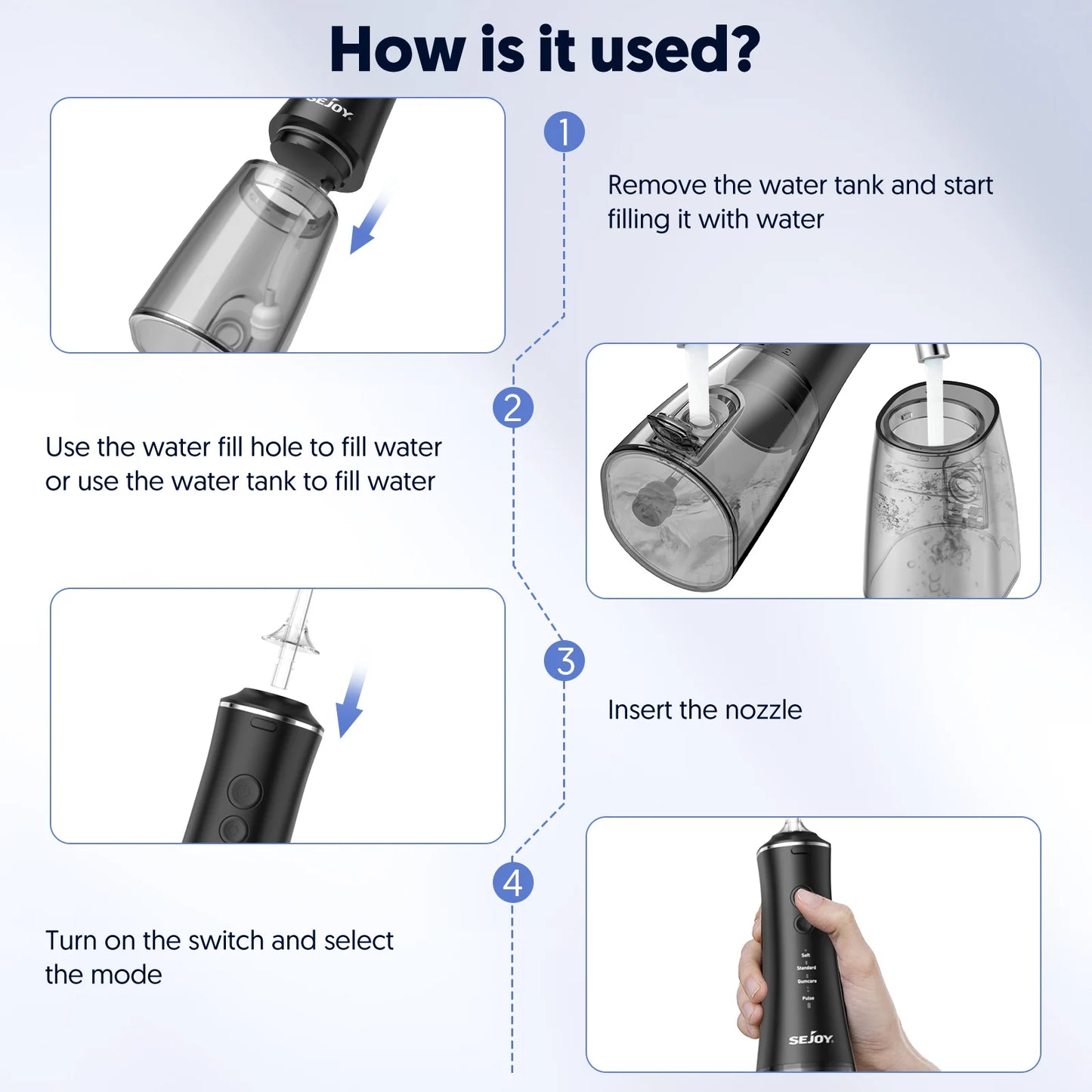 Sejoy Electric Water Flossers Oral Irrigator Rechargeable Portable Dental 4 Modes Water Tank Teeth 300ML Waterproof Cleaner