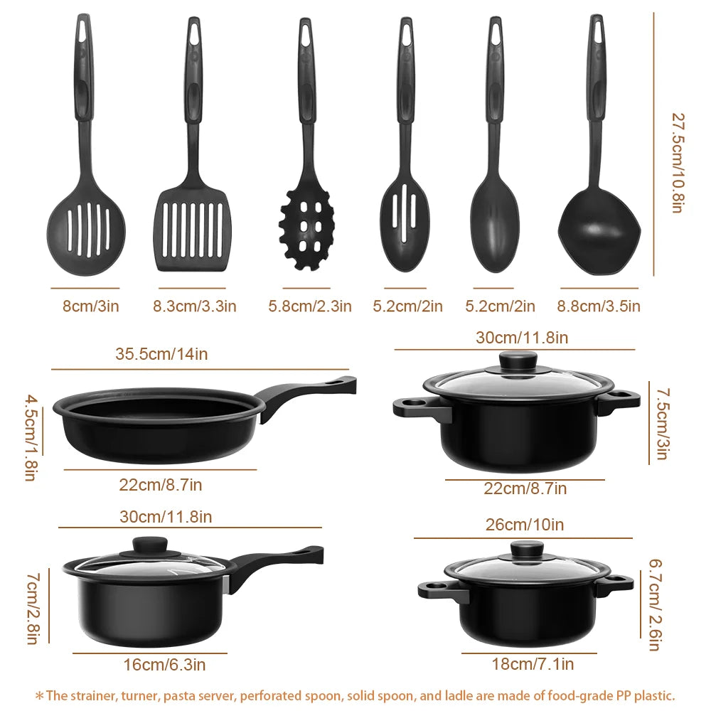 13pc Cookware Set Kitchen Pots and Utensils Set Non-Stick Frying Pan/Soup Pot/Saucepan Suitable for gas induction cooktops