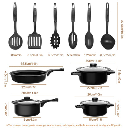 13pc Cookware Set Kitchen Pots and Utensils Set Non-Stick Frying Pan/Soup Pot/Saucepan Suitable for gas induction cooktops
