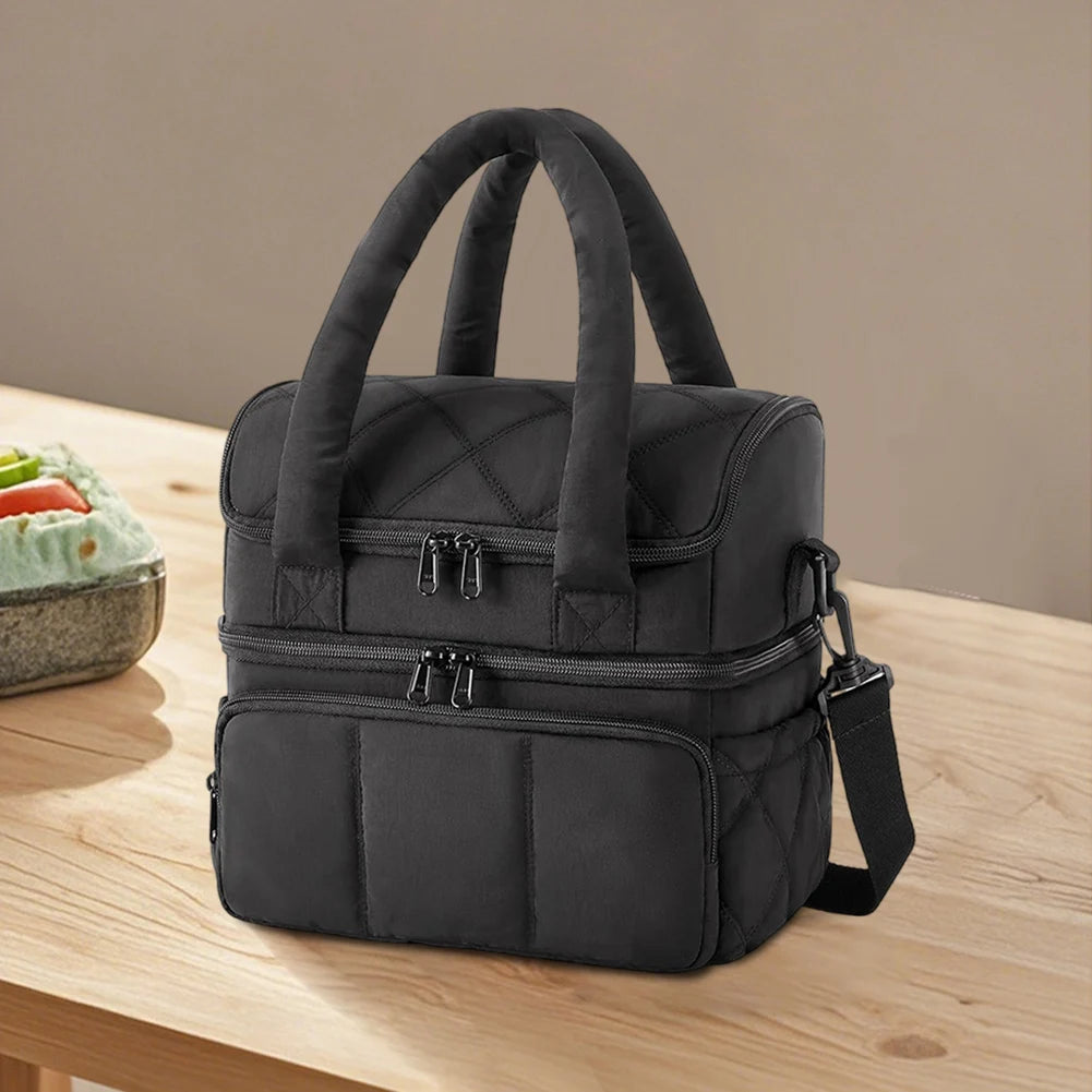 Insulated Double Deck Lunch Bag for Women Ladies Puffy Padded Lunch Tote Waterproof Bento Top Handle Bag for Work Picnic Travel