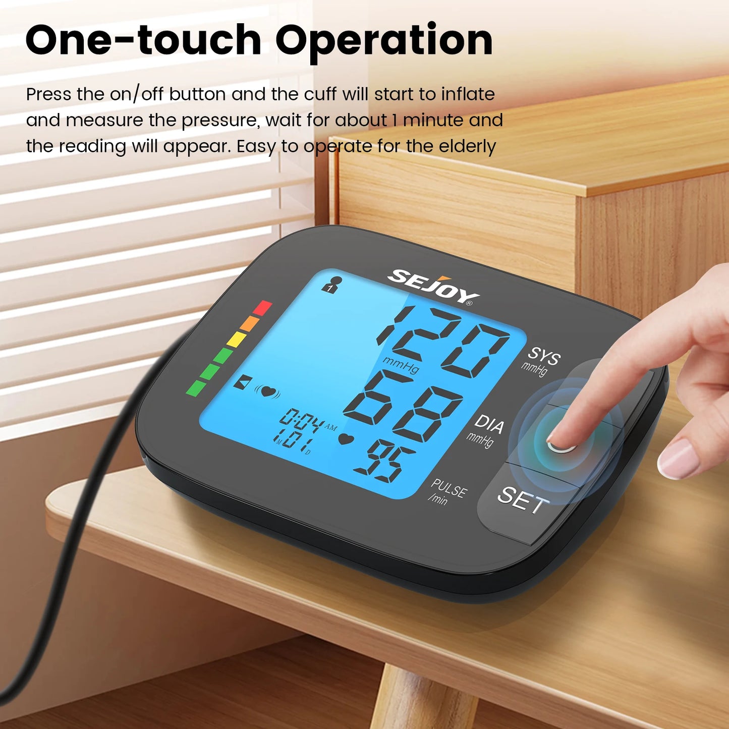 Sejoy Digital Upper Arm Automatic Blood Pressure Monitor Portable BP Sphygmomanometer Medical Tonometer Blue Backlight with AC