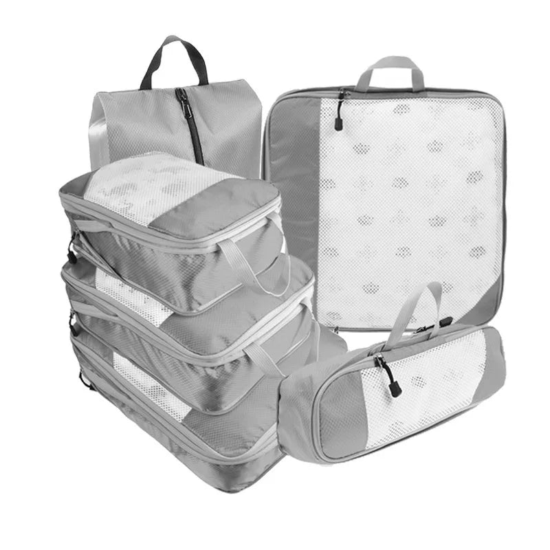 6PCS Travel Compressed Packing Cubes Storage Organizer Set With Shoe Bag Mesh Visual Luggage Portable Lightweight Suitcase Bag
