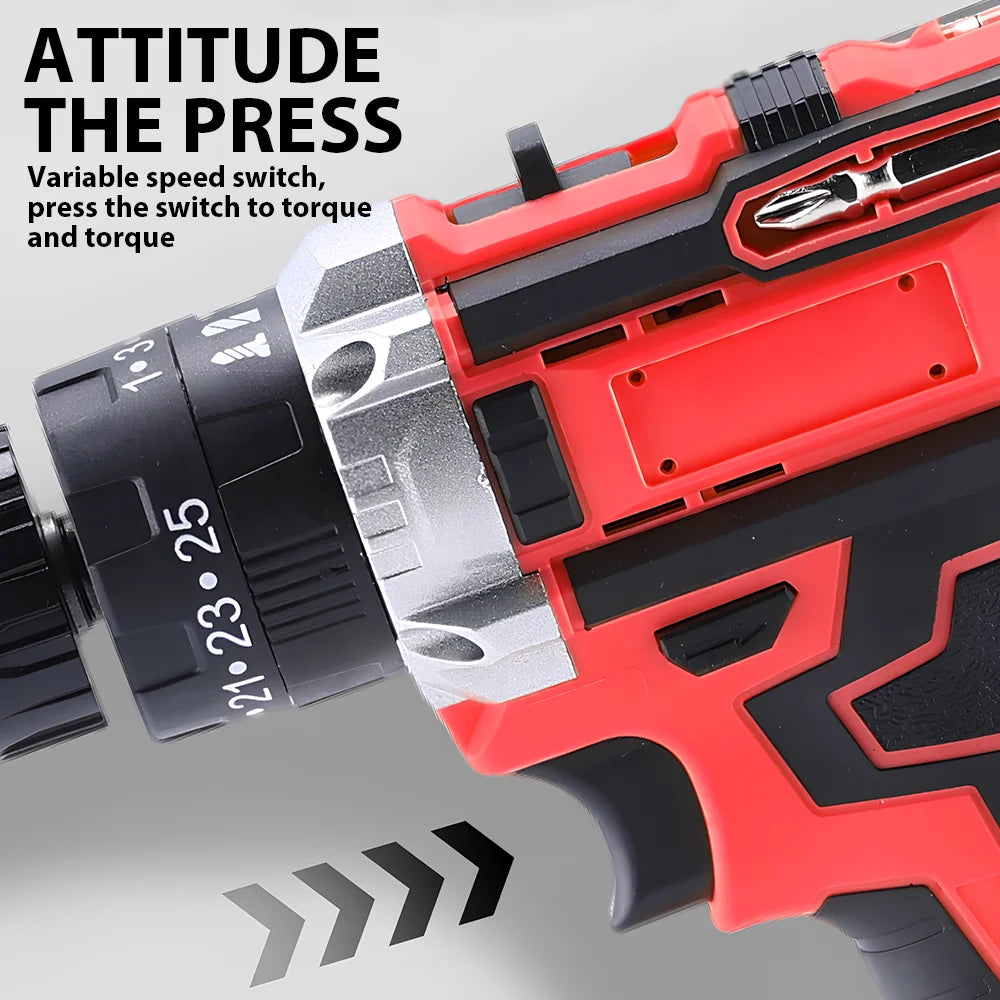 Electric Drill Power Tool Cordless Drill Combi Driver Electric Screwdriver Impact Set with 2pcs Rechargeable Batteries