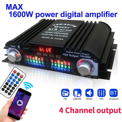 HiFi Sound Amplifier 4 Channel Digital Audio Bluetooth Amplifier 1600W Peak Power Karaoke Player FM Radio Support Remote Control