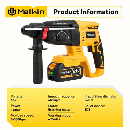 MELLWIN 26MM Brushless Electric Hammer Drill Cordless Household Rotary Impact Hammer Power Tool For Makita 18V Battery Pin