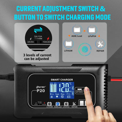 HTRC 20A 12V-24V P20 Battery Charger for Smart Car Battery Charger Repair Auto Moto Lead Acid AGM GEL PB Lithium LiFePo4 Battery