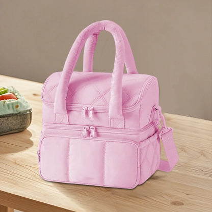 Insulated Double Deck Lunch Bag for Women Ladies Puffy Padded Lunch Tote Waterproof Bento Top Handle Bag for Work Picnic Travel