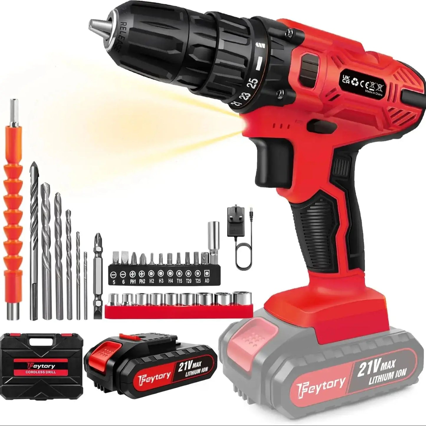 21V Battery Drill,Electric Screwdriver with 45 Nm, 25+1 Tightening Torque Settings,29PCS Accessories,LED Light,Safety Lock Drill