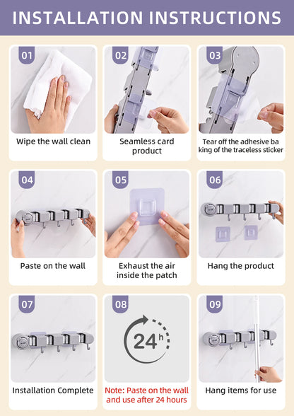 Wall Mounted Mop Organizer Broom Holder Mop Clip Stand Brush Rack Hanging Pipe Hook Kitchen Storage Bathroom Accessories Tools