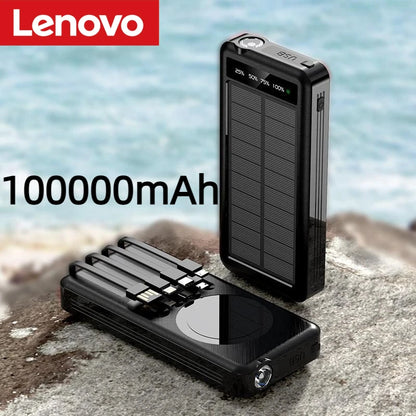 Lenovo 100000mAh 2 In 1 Solar Wireless Power Bank Large Capacity Portable Charger Fast Charging External Battery For Phone New