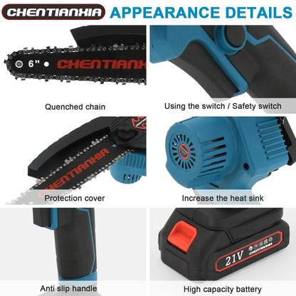 6" 6Inch 4000W Mini Cordless Chainsaw Handheld Electric One-Hand Chainsaw Wood Cutter with Battery