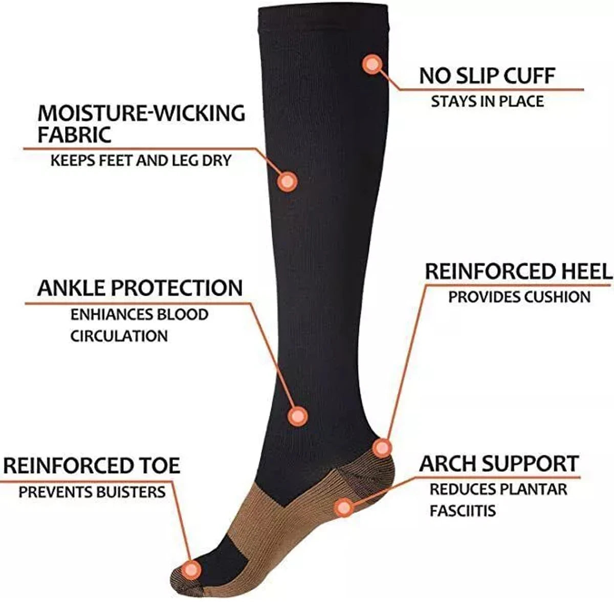 6Pair Unisex Copper Infused Compression Socks Men & Women Anti-Fatigue Varicose Vein Stocking Flight Travel Running Sports Socks