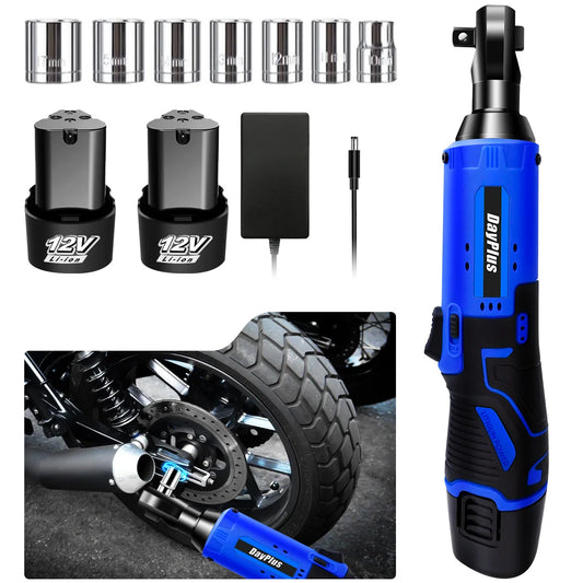 Cordless Ratchet Wrench Set,3/8"300 RPM 12V Power Electric Ratchet Driver with 7 Sockets,Two 1500mAh Li-Ion Batteries