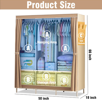 Large Heavy-Duty Fabric Canvas Wardrobe Closet with Hanging Rail & Shelving Storage