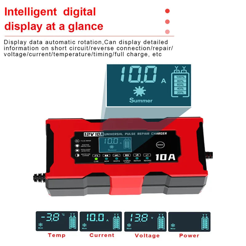 12V 10A Car Battery Charger For Lifepo4 Lead Acid AGM GEL PB Lithium Battery Car Charger Pulse Repair Smart Charger LCD Display