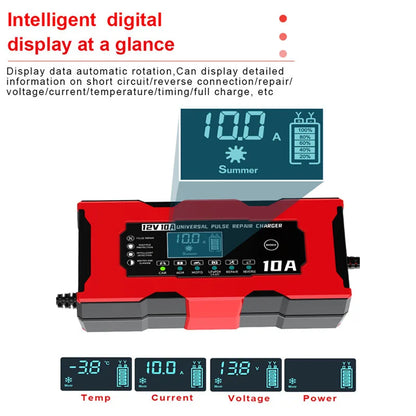 12V 10A Car Battery Charger For Lifepo4 Lead Acid AGM GEL PB Lithium Battery Car Charger Pulse Repair Smart Charger LCD Display