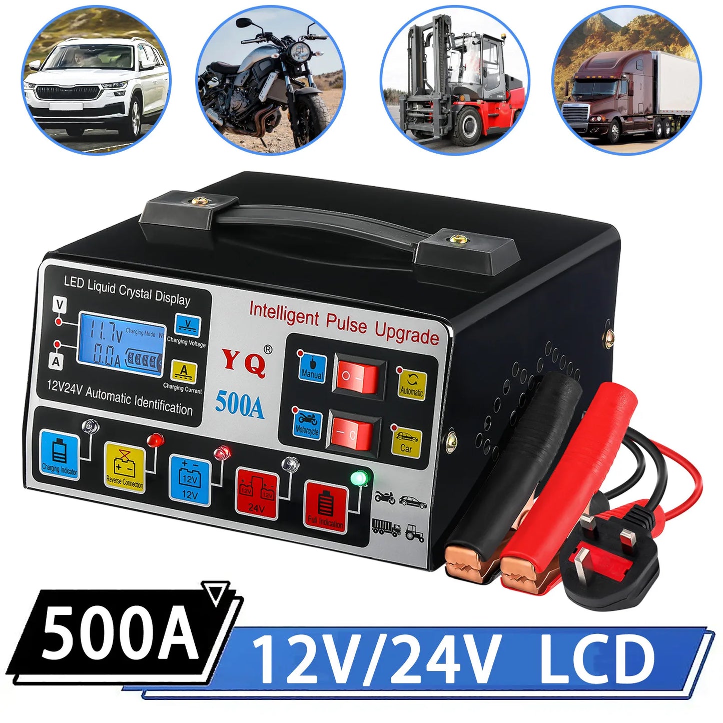 500A 12V/24V Heavy Duty Automatic Car Battery Charger Smart Pulse Repair Trickle