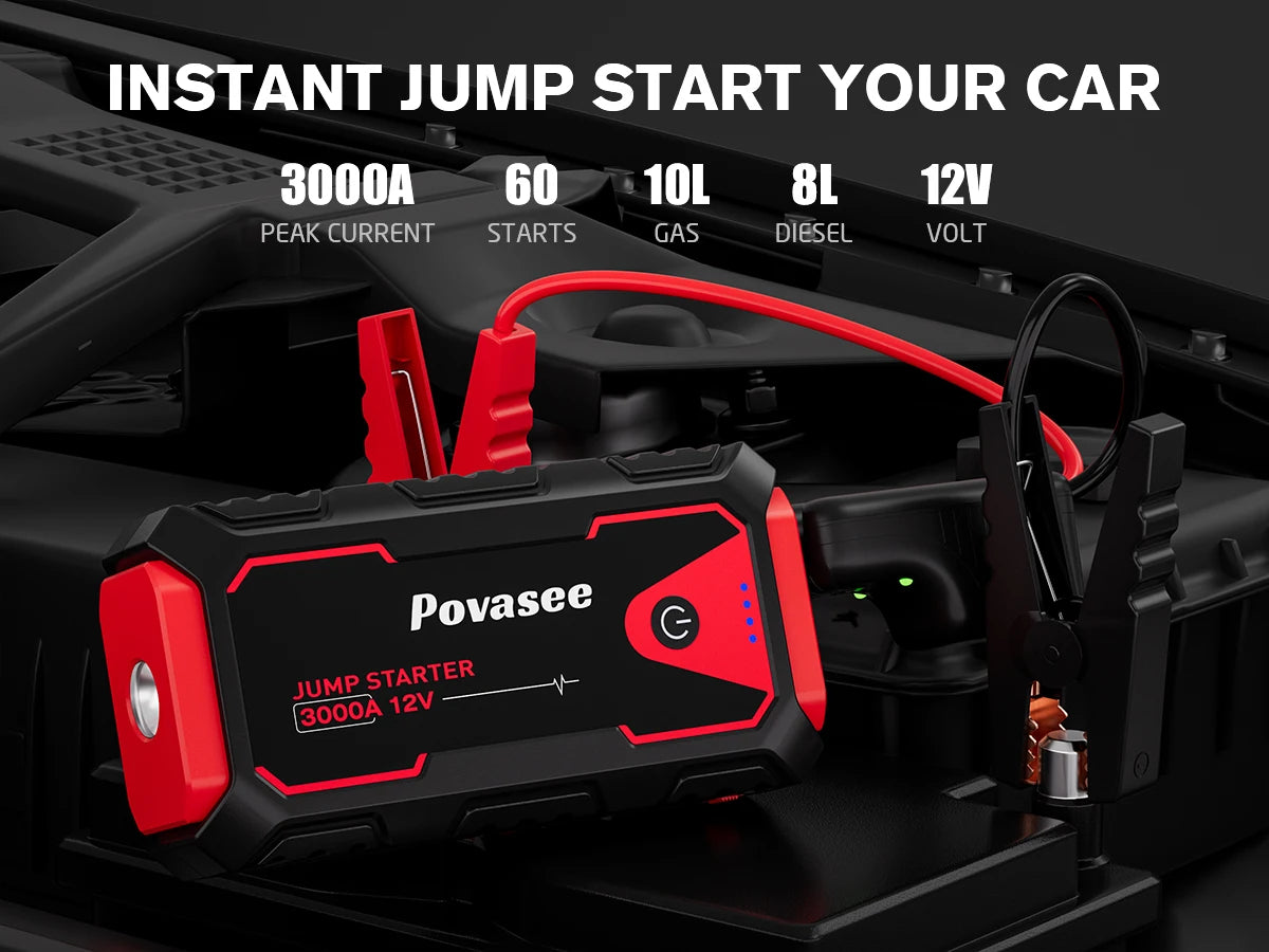 Povasee Jump Starter Power Pack 3000A Car Battery Booster Jump Starter Car Jump Starter Power Bank Jump Pack with Jump Leads