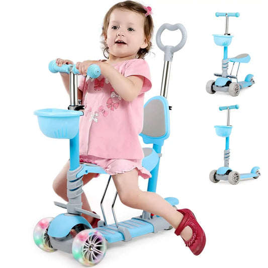 5-in-1 Kids Scooter, 3 Wheels Toddler Kick Scooter with LED Flashing Light UP Wheels, Removable Seat&Adjustable Handlebar