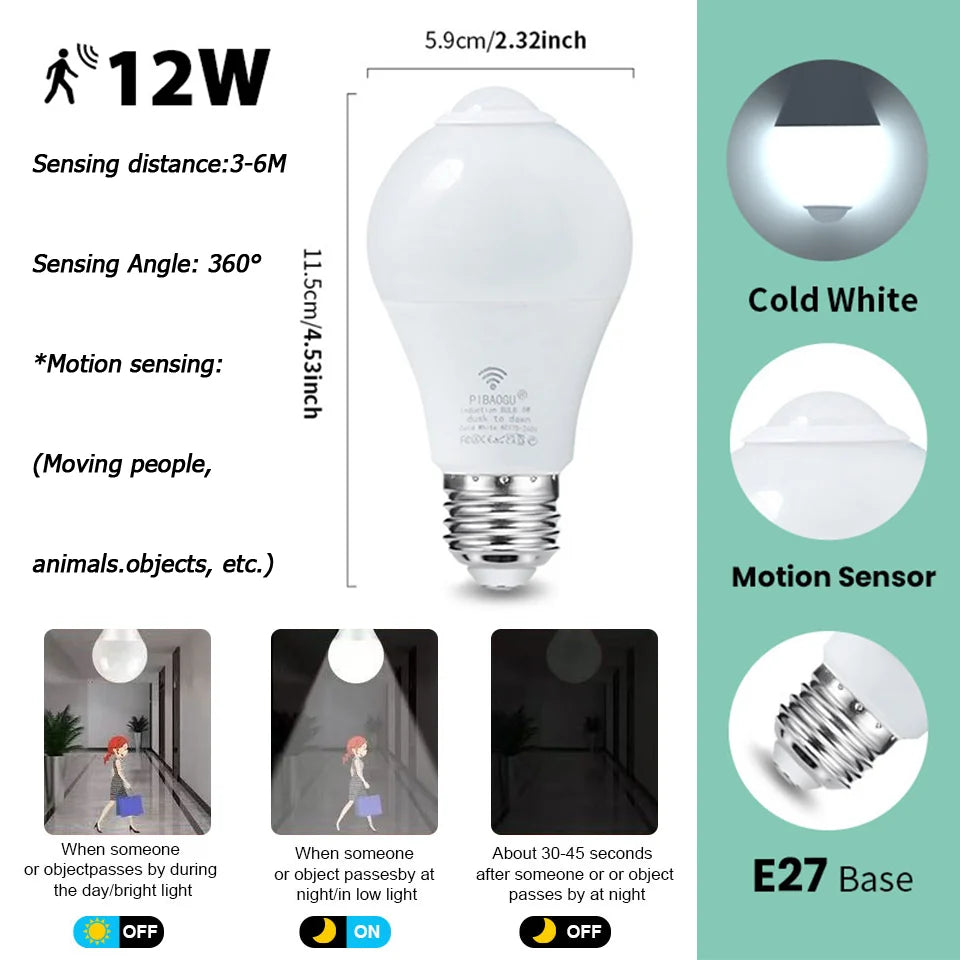 6pcs LED Bulbs Radar Motion Sensor Light 220V E27 LED Bulb Auto ON/OFF Working In Night Radiation Motion Detector Security Light