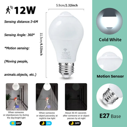 6pcs LED Bulbs Radar Motion Sensor Light 220V E27 LED Bulb Auto ON/OFF Working In Night Radiation Motion Detector Security Light
