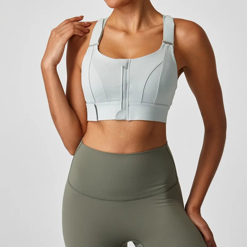 Large size sports lingerie women's shock-proof high-strength front zipper Velcro fitness running fixed cup yoga bra