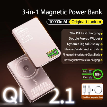 10000mAh 3 in 1 Power Bank for Magsafe Magnetic Wireless 20W Fast Charging, External Battery for IPhone 17 - 12 Airpods IWatch