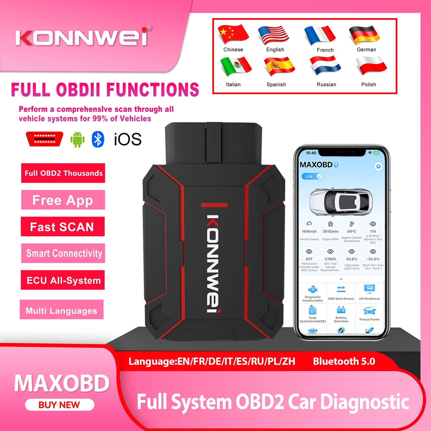 2026 MAXOBD KONNWEI Car OBDII Full System Fault Diagnostic Tool Deep Scan Bluetooth Connection Monitoring System OBD2 Scan Tool