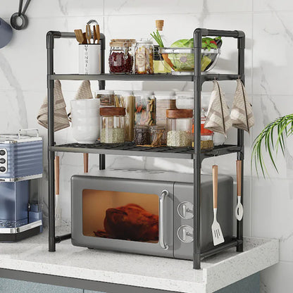 Multi-Purpose Kitchen Storage Rack - Thickened Adjustable Shelf for Microwave, Oven, Countertop Organizer with Tool Hooks