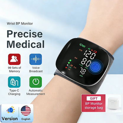 Medical Rechargeable Wrist Blood Pressure Monitor LED Display Fast Measurement Digital Tensiometer BP Tonometer Heart Rate Meter