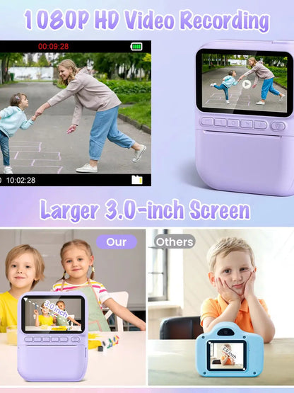 Kids Digital Camera 3.0" Portable Instant Print Camera 32MP HD 1080P Camera Toy Gift For 6-12 Year With 3 Rolls Printer Paper