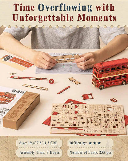 Robotime rolife London Tour Bus 3D Wooden Puzzles Wood Model Toy Car to Build Crafts Collectibles Gifts for Boys Girls