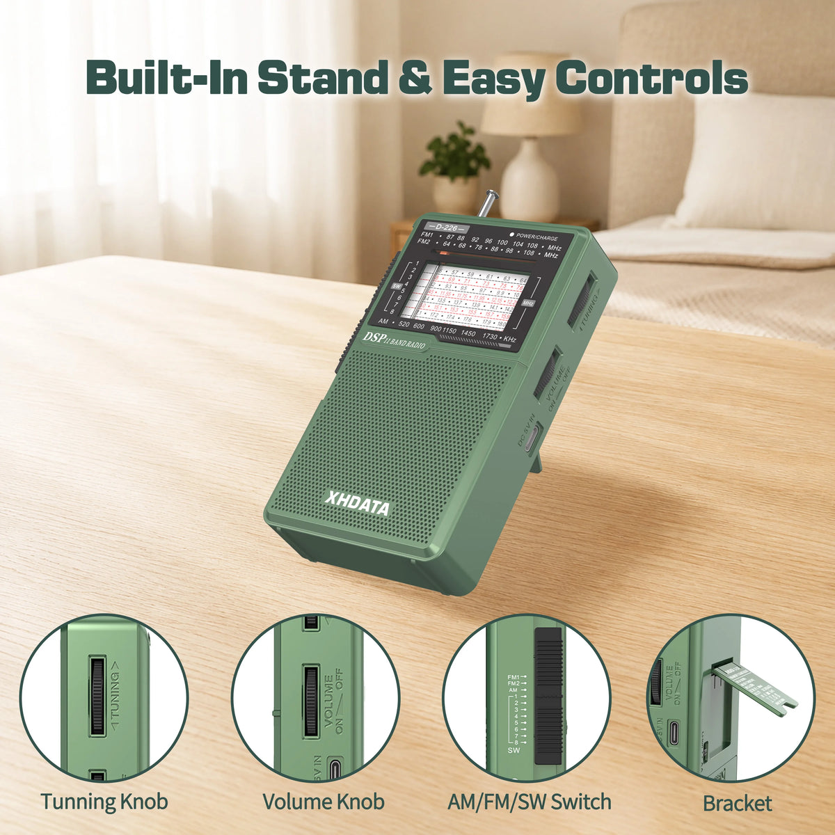XHDATA D226 Mini Shortwave Radio AM FM SW Portable USB-C Rechargeable Battey Radio LED Flashlight 3.5mm Headphone Jack Stand