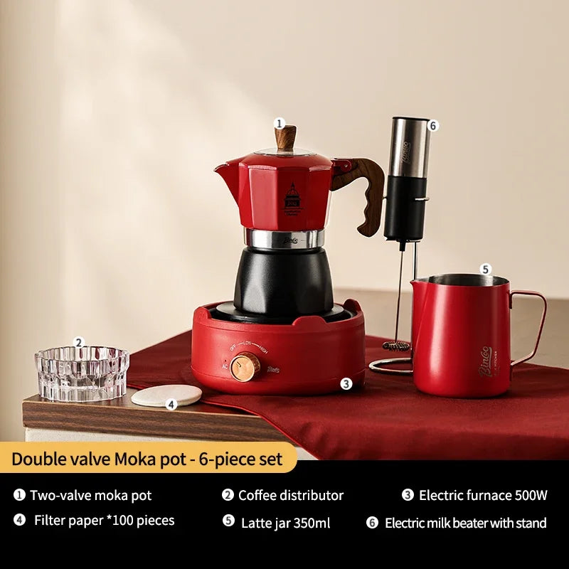 Bincoo Double Valve Coffee Moka Pot Espresso Machine Electric Stove Brewed Coffee Italian Home Outdoor Barista Accessories 220V