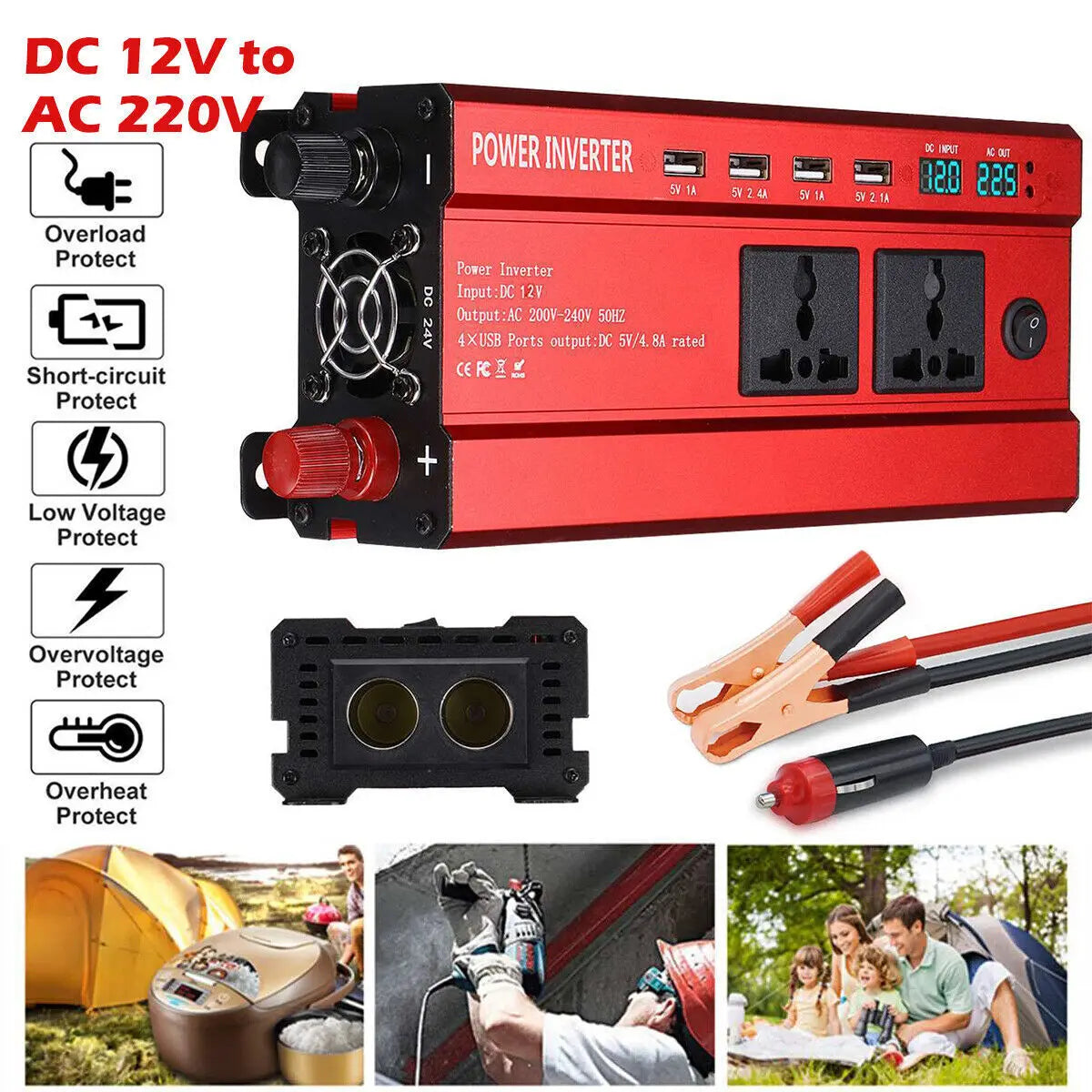 1500W Peak Power Inverter DC 12V to AC 220V 240V Automotive Converter with 2 LED Displays USB Port 4 2 AC Outlets