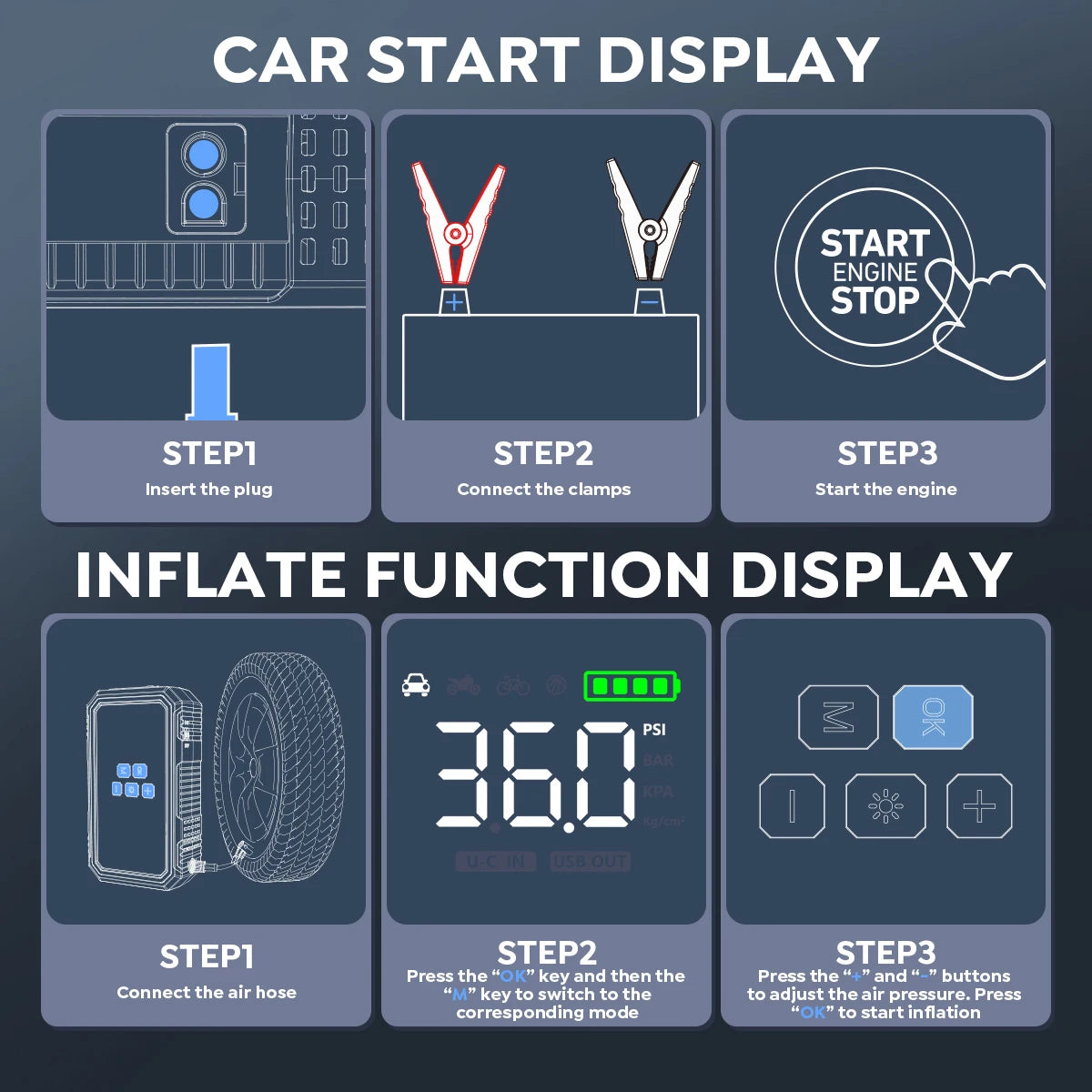 4-in-1 Jump Starter with Air Pump Starter Box Battery Pack with Digital Tire Inflator Car Battery Jump Starter