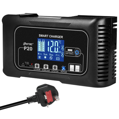 HTRC 20A 12V-24V P20 Battery Charger for Smart Car Battery Charger Repair Auto Moto Lead Acid AGM GEL PB Lithium LiFePo4 Battery