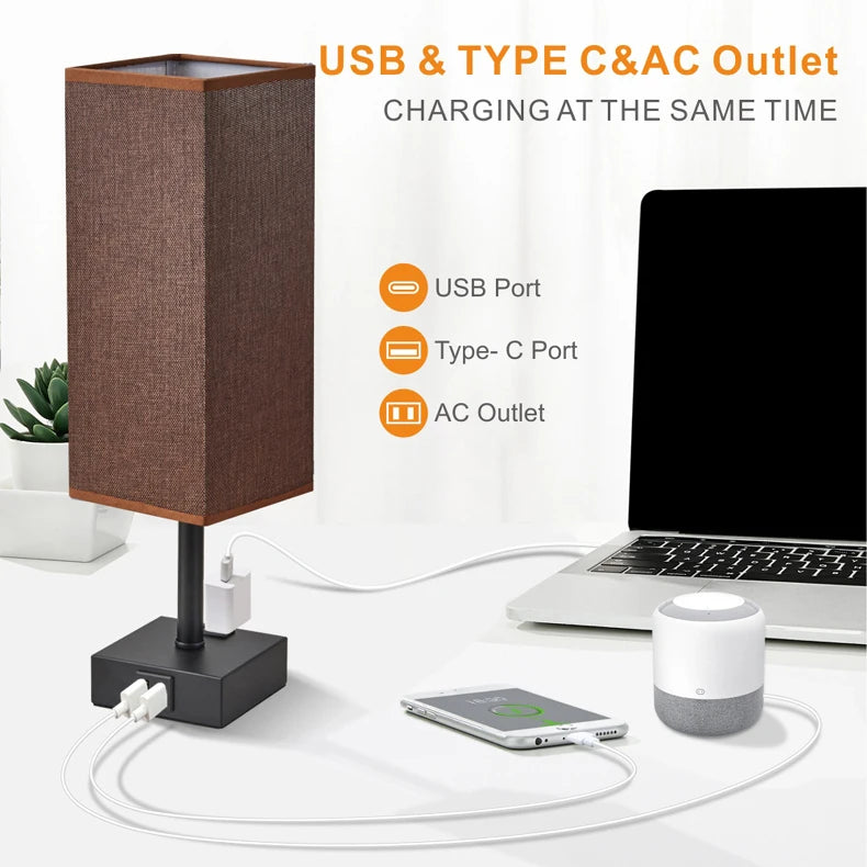 Bedside Lamp Touch Control Table Lamp with USB A+C Charging Ports 3-Way Dimmable Desk Lamps with Fabric Shade for Bedroom 2025