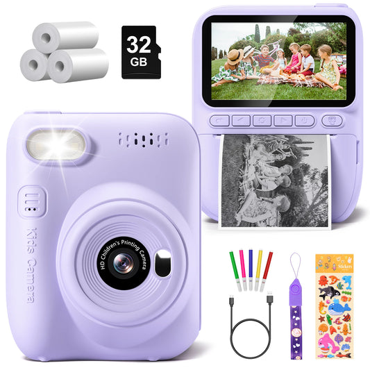 Kids Digital Camera 3.0" Portable Instant Print Camera 32MP HD 1080P Camera Toy Gift For 6-12 Year With 3 Rolls Printer Paper