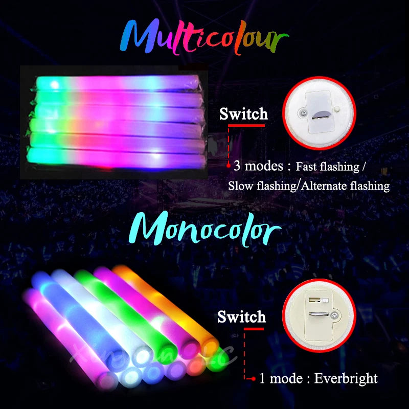 12/15/30/60Pcs RGB LED Glow Bulk Party Supplies Colorful LED Glow Sticks Foam Stick Cheer Tube Dark Light Birthday Wedding