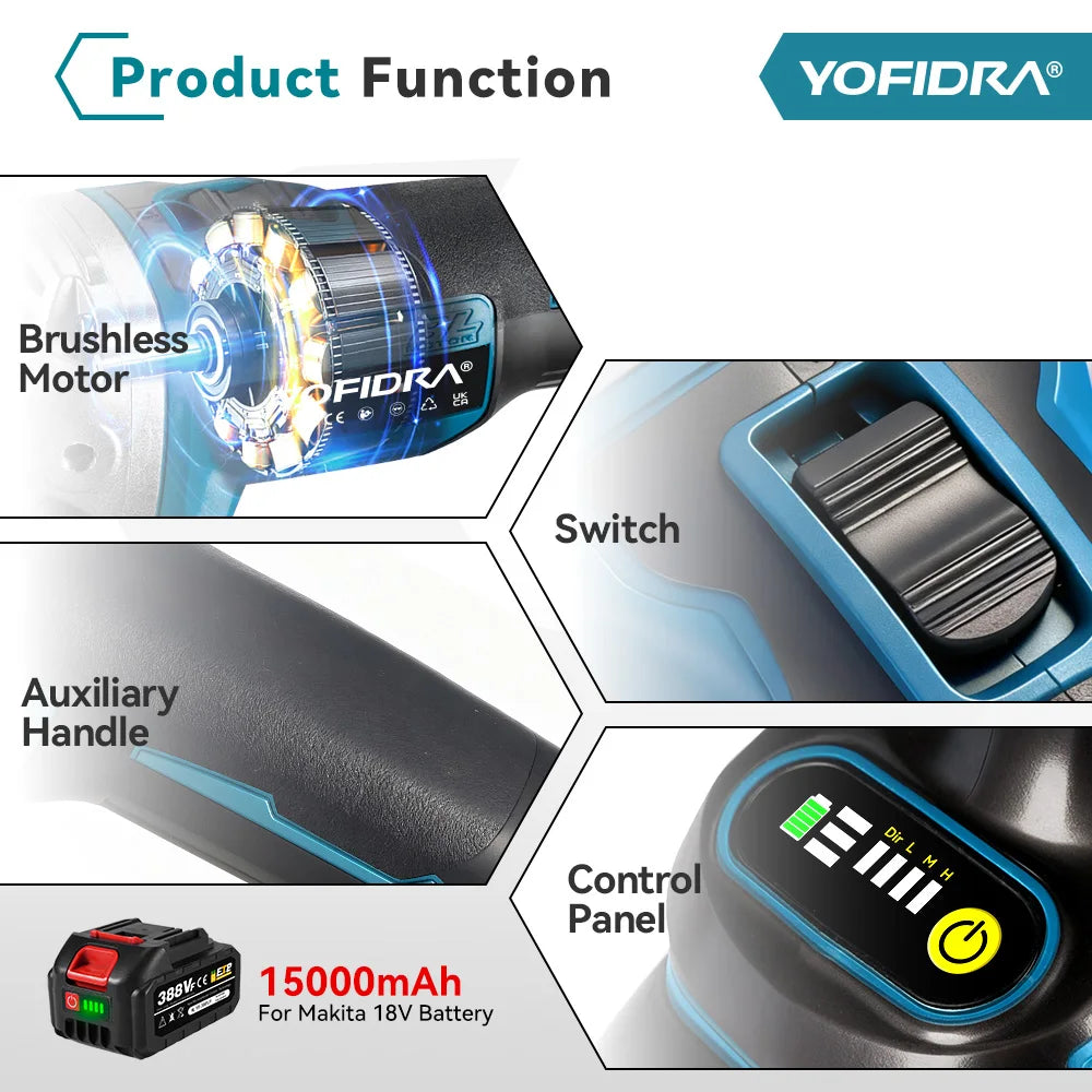 Yofidra 125mm Brushless Angle Grinder 4 Gears Cordless Grinding Machine Cutting Woodworking For Makita 18V-21V Battery Pin
