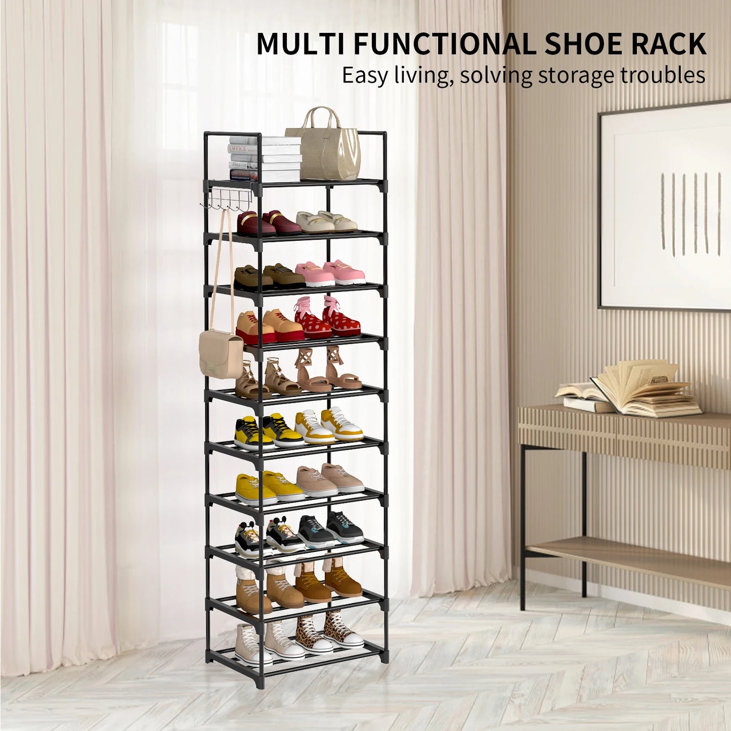 Shoe Rack,10-Tier Metal Shoe Storage Organiser, Metal Frame, Space-Saving Rack,for Room, Hallway STORAGE SHELVES STAND WITH HOOK