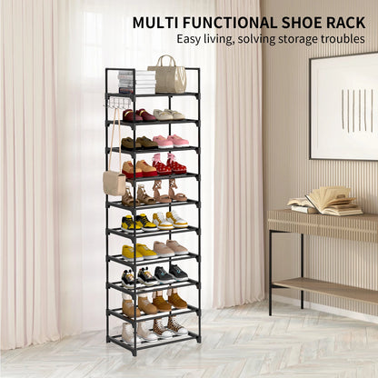 Shoe Rack,10-Tier Metal Shoe Storage Organiser, Metal Frame, Space-Saving Rack,for Room, Hallway STORAGE SHELVES STAND WITH HOOK