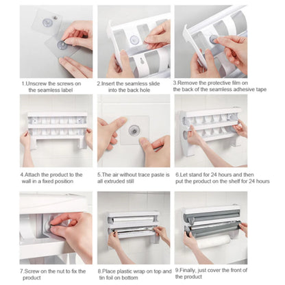 ABS Material Wall Mounted Kitchen Cling Film Dispenser with Cutter, Cling Film Aluminum Foil Roll Holder Paper Towel Holder Grey