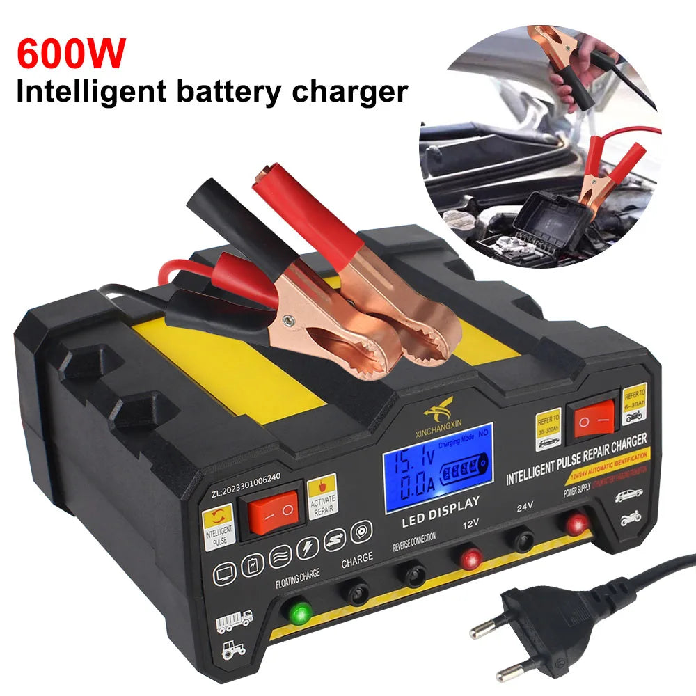 Intelligent Pulse Repair Battery Charger EU Plug 300AH LCD Display For Wet Dry Lead Acid Full Automatic Car Battery Charger 220W